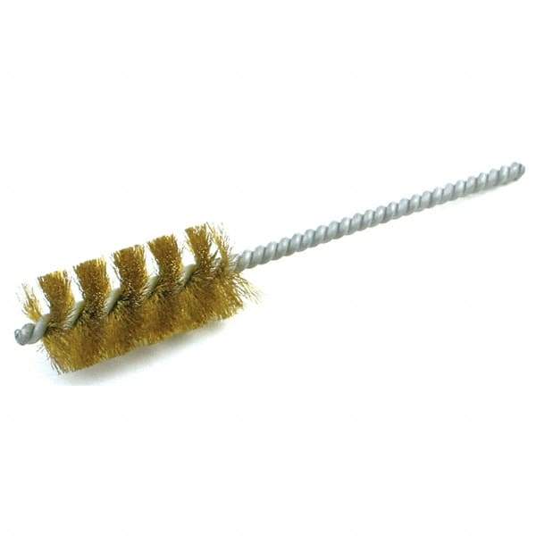 Brush Research Mfg. - 3/4" Diam Helical Brass Tube Brush - Single Spiral, 0.008" Filament Diam, 1-3/4" Brush Length, 5" OAL, 0.22" Diam Galvanized Steel Shank - Strong Tooling