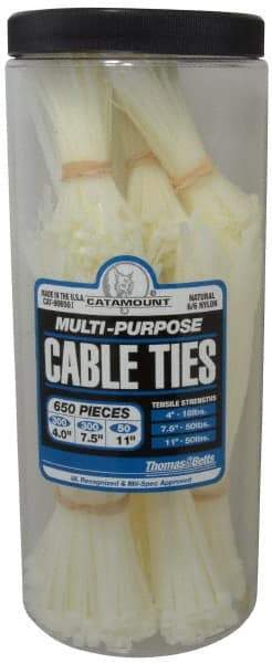 Thomas & Betts - 4 to 11 Inch Range, White Cable Ties - 3 Inch Bundle Diameter, 18, 40 and 50 Lb. Strength, Nylon - Strong Tooling