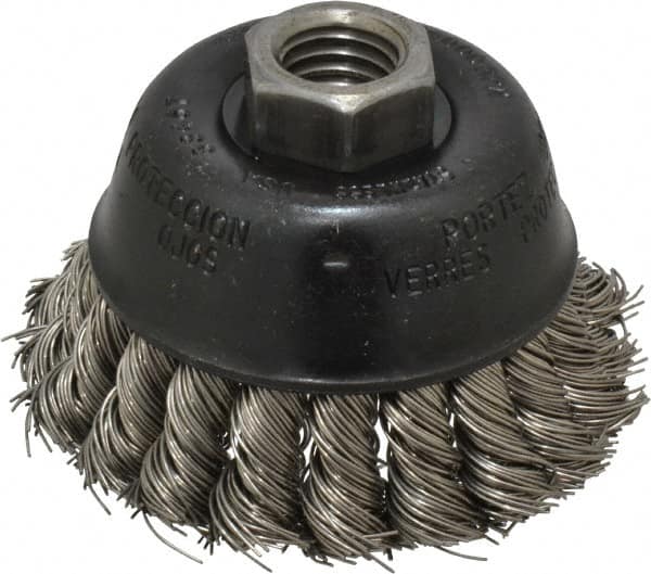 Osborn - 2-3/4" Diam, 5/8-11 Threaded Arbor, Stainless Steel Fill Cup Brush - 0.02 Wire Diam, 14,000 Max RPM - Strong Tooling