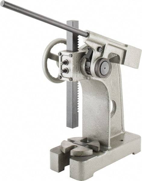 Interstate - 2-1/2" Ram, 6" Throat Depth, 3 Ton Manual Arbor Press - 12-5/8" Max Work Height x 12" Max Work Width, Ratchet Leverage, 20:1 Leverage Ratio, 8" Base Width x 18" Base Depth - Strong Tooling