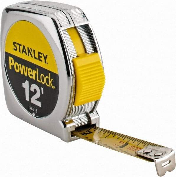 Stanley - 12' x 1/2" Yellow Blade Tape Measure - 1/32 & 1/16" Graduation, Inch Graduation Style, Silver Case - Strong Tooling