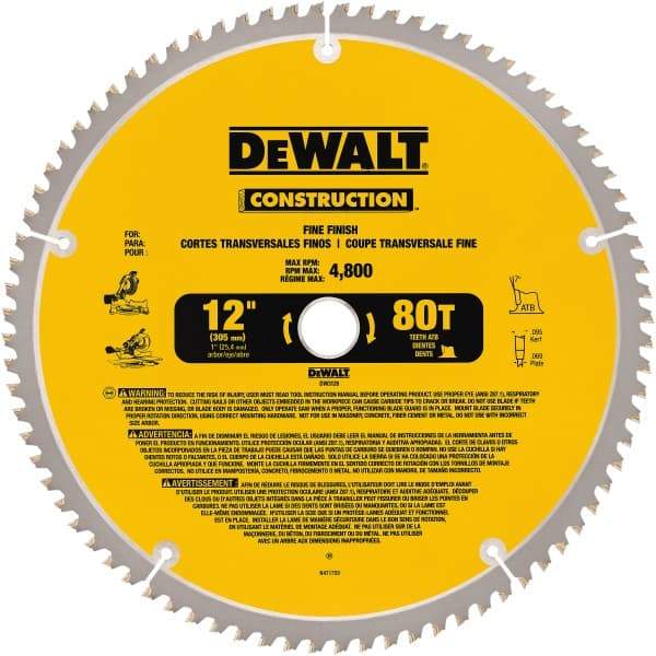 DeWALT - 12" Diam, 1" Arbor Hole Diam, 80 Tooth Wet & Dry Cut Saw Blade - Carbide-Tipped, General Purpose Action, Standard Round Arbor - Strong Tooling