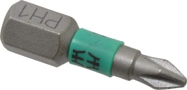 Wera - #1 Phillips Screwdriver Bit - 1/4" Hex Drive, 1" OAL - Strong Tooling