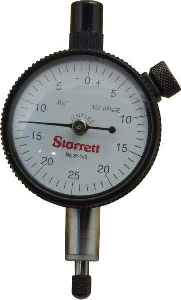 Starrett - 1/8" Range, 0-25-0 Dial Reading, 0.001" Graduation Dial Drop Indicator - 1-11/16" Dial, 0.05" Range per Revolution - Strong Tooling