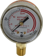 1/4 Inch NPT, 30 Max psi, Steel Case Cylinder Pressure Gauge 2 Inch Dial Diameter, Acetylene Only