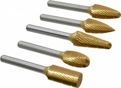 Made in USA - 5 Piece, 1/2" Shank Burr Set - Tungsten Carbide, Multiple Head Shape - Strong Tooling