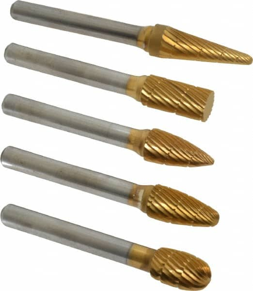 Made in USA - 5 Piece, 3/8" Shank Burr Set - Tungsten Carbide, Multiple Head Shape - Strong Tooling