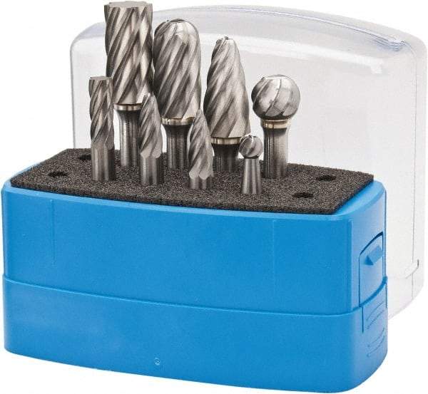 Made in USA - 8 Piece, 1/4" Shank Burr Set - Tungsten Carbide, Multiple Head Shape - Strong Tooling