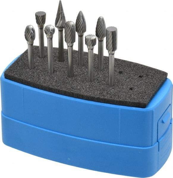 Made in USA - 9 Piece, 1/8" Shank Burr Set - Solid Carbide, Multiple Head Shapes - Strong Tooling