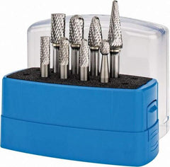 Made in USA - 8 Piece, 1/4" Shank Burr Set - Tungsten Carbide, Multiple Head Shape - Strong Tooling