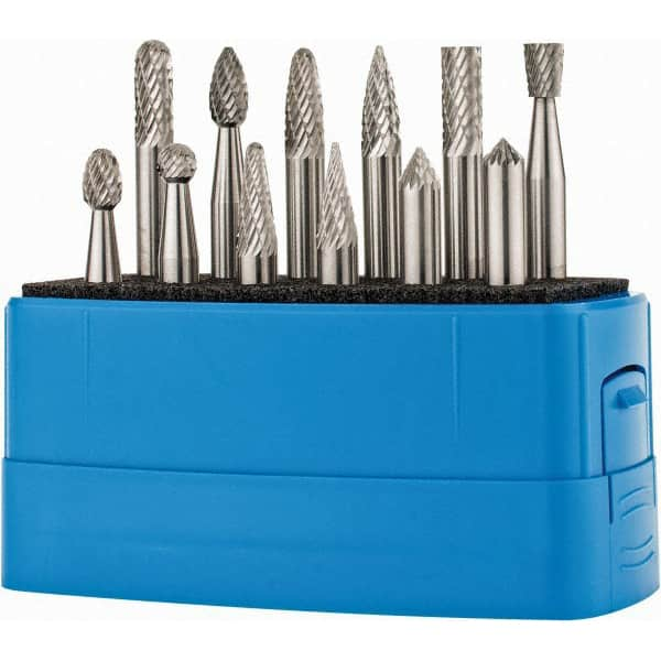 Made in USA - 12 Piece, 1/4" Shank Burr Set - Solid Carbide, Multiple Head Shape - Strong Tooling