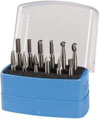 Made in USA - 12 Piece, 1/4" Shank Burr Set - Solid Carbide, Multiple Head Shape - Strong Tooling