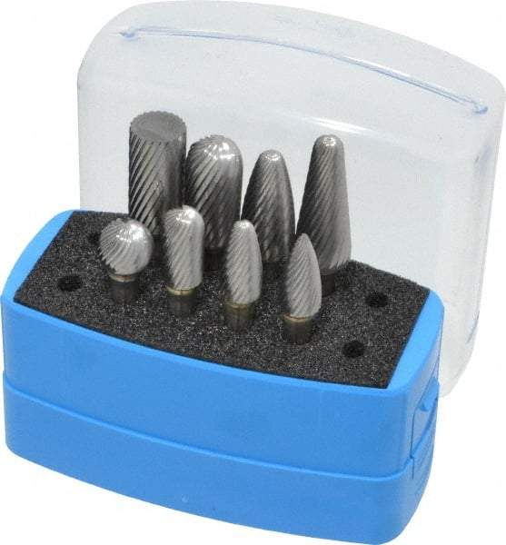 Made in USA - 8 Piece, 1/4" Shank Burr Set - Solid Carbide, Multiple Head Shapes, 14° Included Angle - Strong Tooling