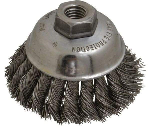 Anderson - 3-1/2" Diam, 5/8-11 Threaded Arbor, Steel Fill Cup Brush - 0.02 Wire Diam, 1-1/4" Trim Length, 9,000 Max RPM - Strong Tooling