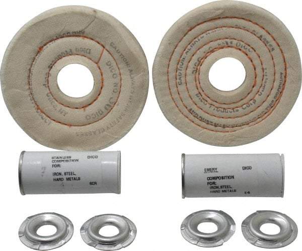 Dico - 4" Diam Cushion Sewn, Spiral Sewn Buffing Wheel Set - 1/2" Arbor Hole, Emery - Strong Tooling