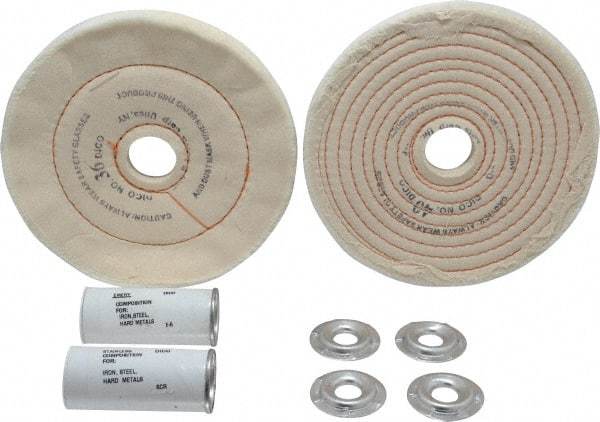 Dico - 6" Diam Cushion Sewn, Spiral Sewn Buffing Wheel Set - 1/2 - 1" Arbor Hole, Emery - Strong Tooling