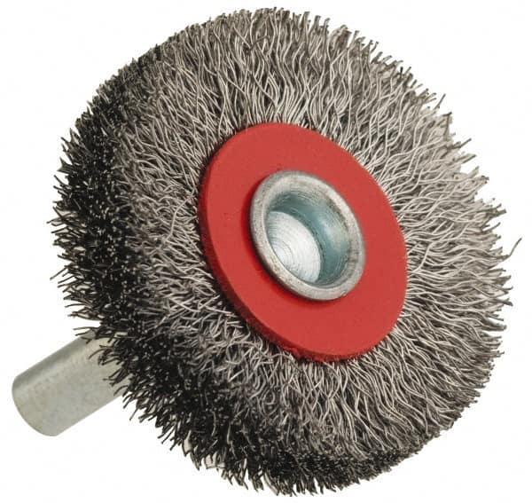 Value Collection - 2-3/8" OD, 1/4" Shank Diam, Crimped Steel Wheel Brush - 1/2" Face Width, 1/2" Trim Length, 0.008" Filament Diam, 15,000 RPM - Strong Tooling