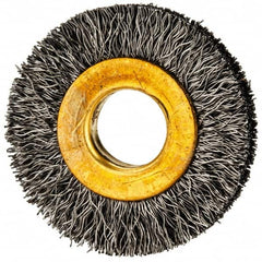 Value Collection - 1-1/4" OD, 3/8" Arbor Hole, Crimped Steel Wheel Brush - 1/4" Face Width, 9/32" Trim Length, 0.007" Filament Diam, 20,000 RPM - Strong Tooling