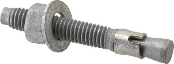 Made in USA - 3/8" Diam, 3/8" Drill, 2-3/4" OAL, 2-7/8" Min Embedment Wedge Expansion Concrete Anchor - Grade 5 Steel, Galvanized Finish, Hex Nut Head, Hex Drive, 1-5/8" Thread Length - Strong Tooling