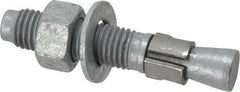 Made in USA - 3/4" Diam, 3/4" Drill, 4-1/4" OAL, 1-3/8" Min Embedment Wedge Expansion Concrete Anchor - Grade 5 Steel, Galvanized Finish, Hex Nut Head, Hex Drive, 2-3/8" Thread Length - Strong Tooling