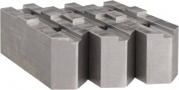 Abbott Workholding Products - 10" & Up Chuck Capacity, Tongue & Groove Attachment, Square Soft Lathe Chuck Jaw - 3 Jaws, Steel, 2-1/8" Btw Mount Hole Ctrs, 4-1/2" Long x 1-1/2" Wide x 2" High, 1/2" Groove, 1/2" Fastener - Strong Tooling