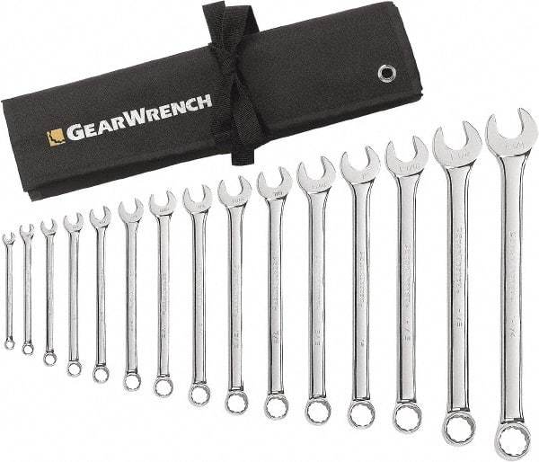 GearWrench - 15 Piece, 5/16" to 1-1/4", 12 Point Combination Wrench Set - Inch Measurement Standard, Chrome Finish, Comes in Roll - Strong Tooling