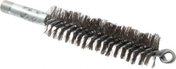 Schaefer Brush - 4-1/2" Brush Length, 1-1/4" Diam, Double Stem, Double Spiral Tube Brush - 7-1/4" Long, Stainless Steel, 1/4" NPSM Male Connection - Strong Tooling