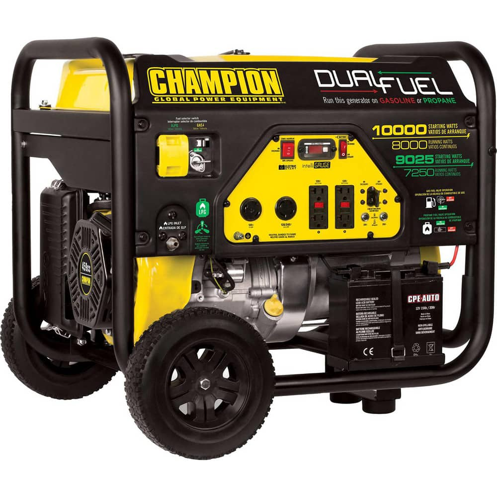 Portable Power Generators; Fuel Type: Gasoline; Liquid Propane (LP); Starting Method: Electric; Recoil; Running Watts: 8000; Engine Size (L): 459 Cc; Run Time Half Load: 8 hr; Number Of Outlets: 6.000; Generator Outlet Type: 120-Volt 30A Locking L5-30R