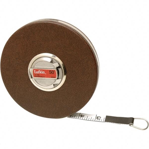 Lufkin - 100' x 5/8" White Fiberglass Blade Tape Measure - 1, 1/10 & 1/100" Graduation, Inch Graduation Style, Brown Vinyl Clad Steel Case - Strong Tooling