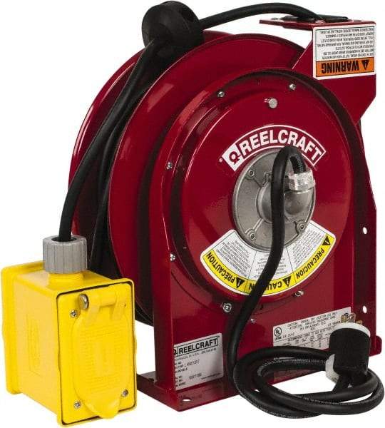 Reelcraft - 12 AWG, 45' Cable Length, Cord & Cable Reel with Duplex GFCI Outlet Box End - 2 Outlets, NEMA 5-20R, 20 Amps, 125 Volts, SJEOOW Cable, Red Reel - Strong Tooling