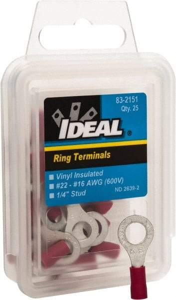 Ideal - 22-18 AWG Partially Insulated Crimp Connection Circular Ring Terminal - 1/4" Stud, 1.055" OAL x 0.394" Wide, Tin Plated Brass Contact - Strong Tooling