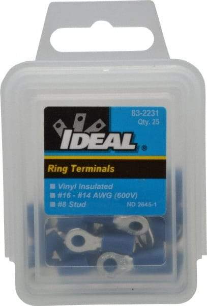 Ideal - 16-14 AWG Partially Insulated Crimp Connection Circular Ring Terminal - #8 Stud, 0.858" OAL x 0.394" Wide, Tin Plated Brass Contact - Strong Tooling