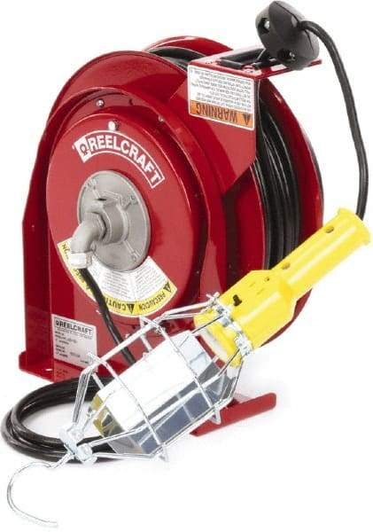 Reelcraft - 16 AWG, 50' Cable Length, Cord & Cable Reel with Incandescent Hand Lamp End - 1 Outlet, NEMA 5-15R, 13 Amps, 125 Volts, SJTOW Cable, Red Reel - Strong Tooling