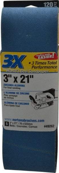 Norton - 3" Wide x 21" OAL, 120 Grit, Zirconia Alumina Abrasive Belt - Zirconia Alumina, Fine, Coated, Y Weighted Cloth Backing, Series 3X - Strong Tooling