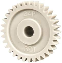 Made in USA - 48 Pitch, 1.333" Pitch Diam, 1.416" OD, 32 Tooth Spur Gear - 1/4" Face Width, 1/4" Bore Diam, 39/64" Hub Diam, 20° Pressure Angle, Acetal - Strong Tooling