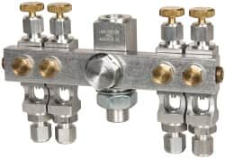 LDI Industries - 5/8-18 Outlet Thread, 1/4 Inlet Thread, Aluminum, Straight Valve, Oil Reservoir Needle Valve Manifold - 4 Outlet, 5-11/16" Wide, NPTF Inlet Thread, UNF Outlet Thread - Strong Tooling