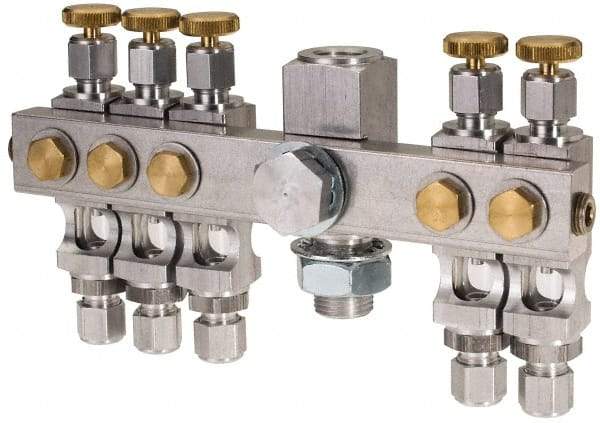 LDI Industries - 5/8-18 Outlet Thread, 1/4 Inlet Thread, Aluminum, Straight Valve, Oil Reservoir Needle Valve Manifold - 5 Outlet, 6-7/16" Wide, NPTF Inlet Thread, UNF Outlet Thread - Strong Tooling