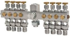 LDI Industries - 5/8-18 Outlet Thread, 1/4 Inlet Thread, Aluminum, Straight Valve, Oil Reservoir Needle Valve Manifold - 8 Outlet, 8-11/16" Wide, NPTF Inlet Thread, UNF Outlet Thread - Strong Tooling