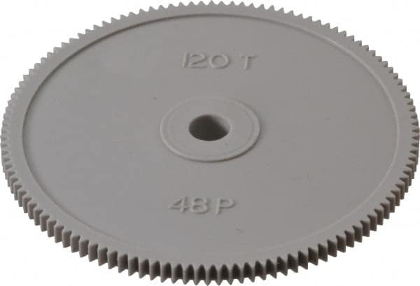 Made in USA - 48 Pitch, 2-1/2" Pitch Diam, 2.542" OD, 120 Tooth Spur Gear - 1/8" Face Width, 1/4" Bore Diam, 39/64" Hub Diam, 20° Pressure Angle, Acetal - Strong Tooling