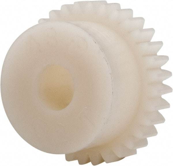 Made in USA - 48 Pitch, 0.667" Pitch Diam, 0.708" OD, 32 Tooth Spur Gear - 1/8" Face Width, 3/16" Bore Diam, 35/64" Hub Diam, 20° Pressure Angle, Acetal - Strong Tooling