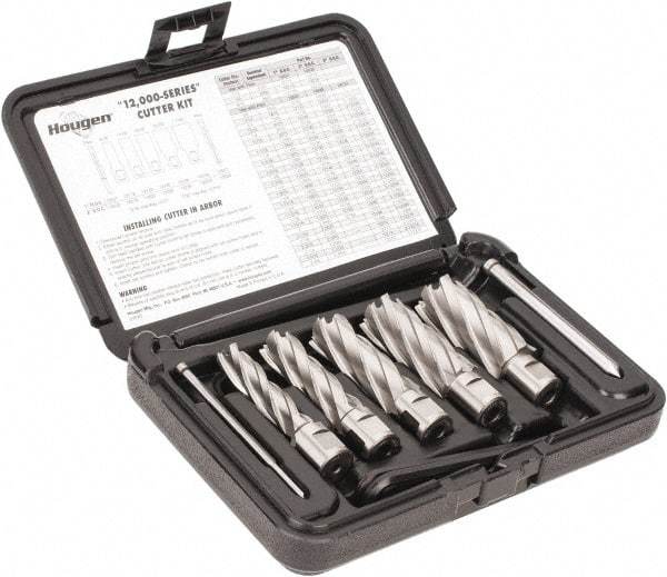 Hougen - 8 Piece, 9/16 to 1-1/16" Cutter Diam, 2" Cutting Depth, High Speed Steel Annular Cutter Set - Bright Finish, 3/4" Shank Diam, 9/16, 11/16, 13/16, 15/16, 1-1/16" Cutter Diams, 2 Flats on Shank - Strong Tooling