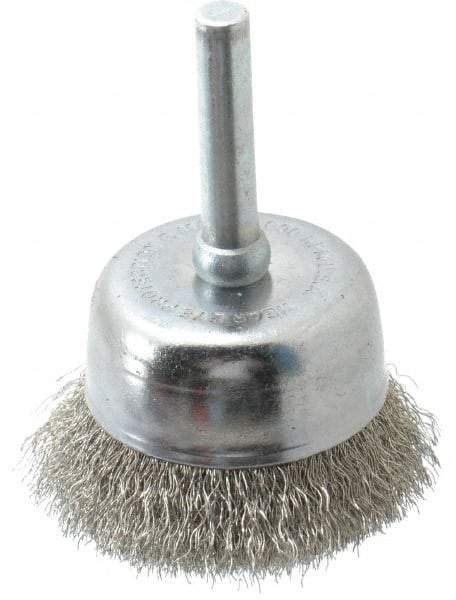 Made in USA - 1-3/4" Diam, 1/4" Shank Crimped Wire Stainless Steel Cup Brush - 0.006" Filament Diam, 3/4" Trim Length, 13,000 Max RPM - Strong Tooling