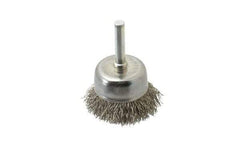 Made in USA - 1-3/4" Diam, 1/4" Shank Crimped Wire Stainless Steel Cup Brush - 0.014" Filament Diam, 3/4" Trim Length, 13,000 Max RPM - Strong Tooling