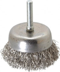 Made in USA - 2-1/4" Diam, 1/4" Shank Crimped Wire Stainless Steel Cup Brush - 0.014" Filament Diam, 5/8" Trim Length, 13,000 Max RPM - Strong Tooling