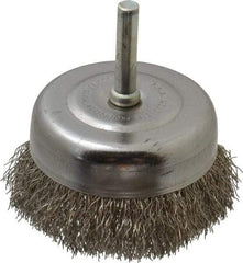 Made in USA - 2-3/4" Diam, 1/4" Shank Crimped Wire Stainless Steel Cup Brush - 0.0118" Filament Diam, 7/8" Trim Length, 13,000 Max RPM - Strong Tooling