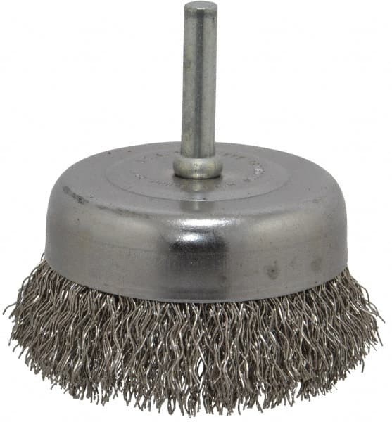 Made in USA - 2-3/4" Diam, 1/4" Shank Crimped Wire Stainless Steel Cup Brush - 0.014" Filament Diam, 7/8" Trim Length, 13,000 Max RPM - Strong Tooling