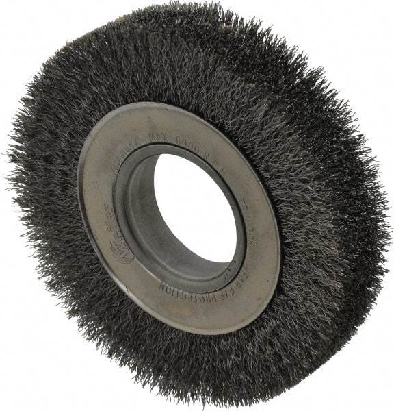 Weiler - 6" OD, 2" Arbor Hole, Crimped Steel Wheel Brush - 1-1/4" Face Width, 1-1/8" Trim Length, 0.0104" Filament Diam, 6,000 RPM - Strong Tooling