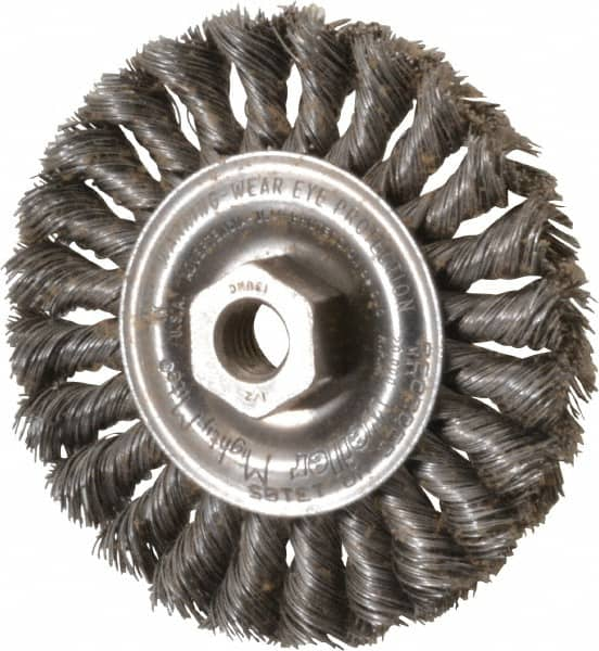 Weiler - 4" OD, 1/2-13 Arbor Hole, Knotted Steel Wheel Brush - 1/2" Face Width, 7/8" Trim Length, 0.014" Filament Diam, 20,000 RPM - Strong Tooling