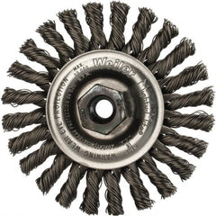 Weiler - 4" OD, M10x1.25 Arbor Hole, Knotted Steel Wheel Brush - 1/4" Face Width, 7/8" Trim Length, 0.02" Filament Diam, 20,000 RPM - Strong Tooling