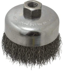 Weiler - 4" Diam, 5/8-11 Threaded Arbor, Steel Fill Cup Brush - 0.014 Wire Diam, 1-3/8" Trim Length, 9,000 Max RPM - Strong Tooling